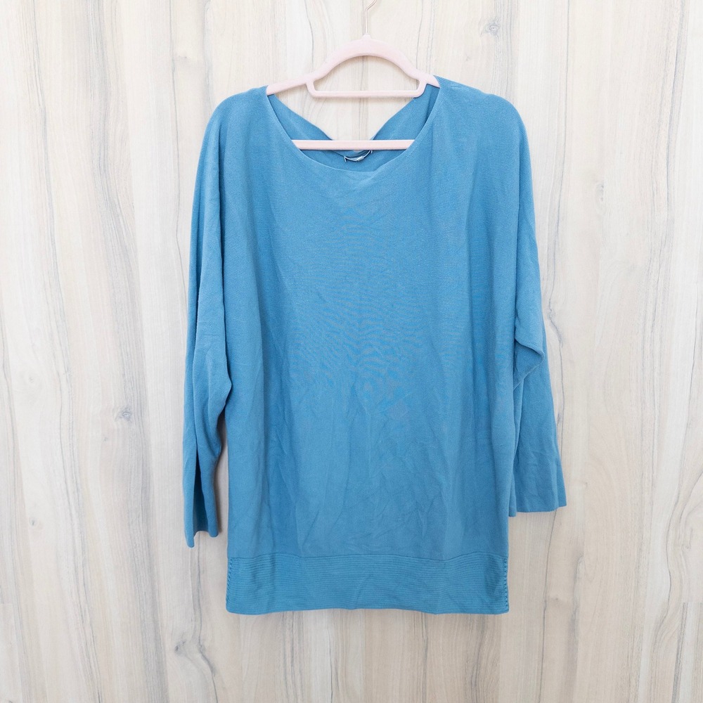 Lafayette 148 Womens Sweater L Blue Batwing Boat Neck Quiet Luxury Office Casual